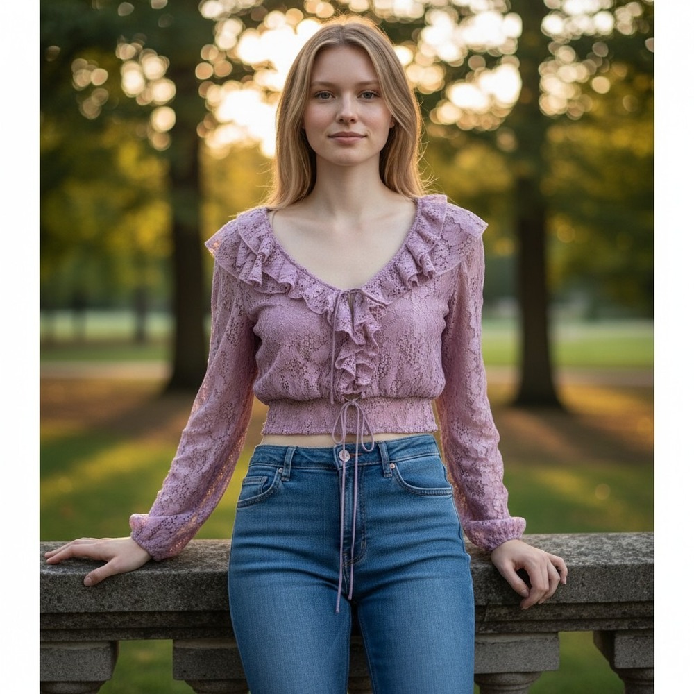 For Love & Lemons Lavender Floral Lace Ruffle Tie‎ Front Crop Top Purple Medium